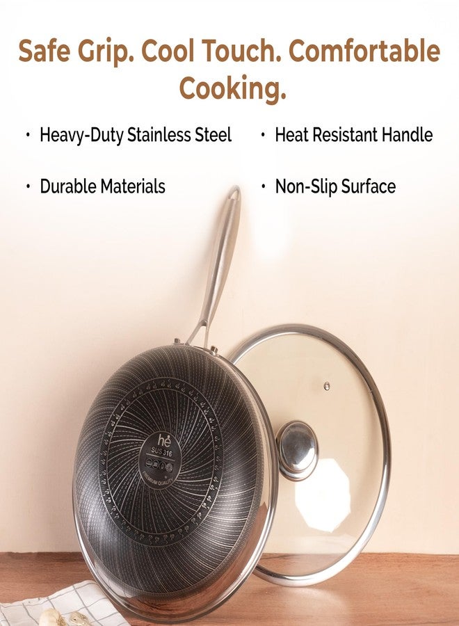 هوم إسنشالز مقلاة ووك غير لاصقة ثلاثية الطبقات على شكل خلية نحل من هوم إسينشالز مقاس 24 سم مع غطاء | مقلاة هجينة من الفولاذ المقاوم للصدأ | مقلاة غير لاصقة متوافقة مع المواقد الحثية للطهي والتقليب والقلي السريع. - Image 5